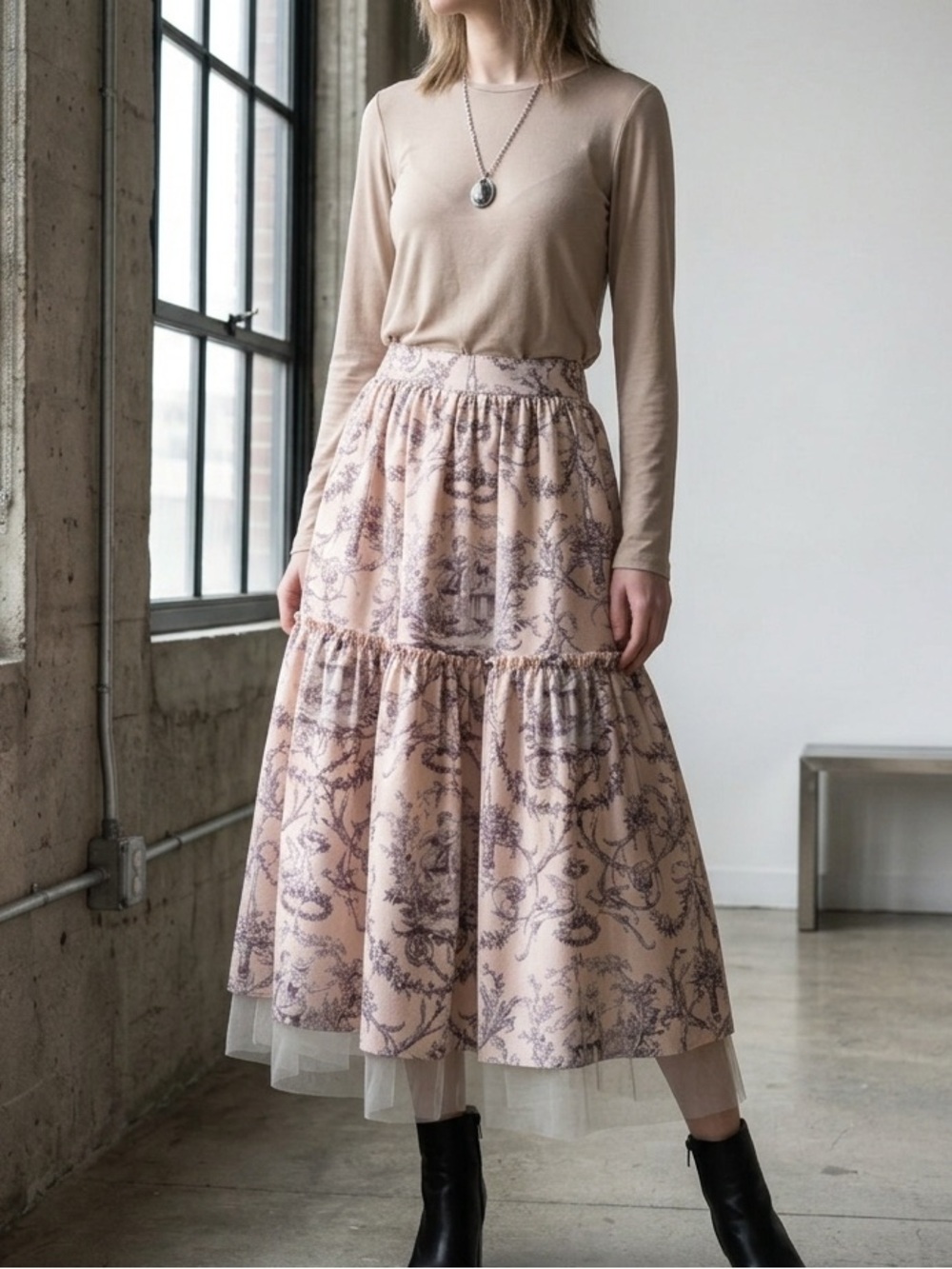 Women’s Light Pink Toile Print Tiered Full Skirt Vintage Mood